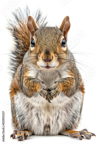A squirrel with a wide smile, looking joyful, isolated on a white background