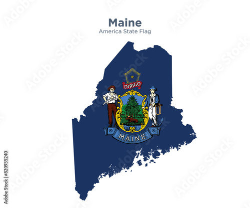 Maine flag and map.Flags of the U.S. states and territories. America states flag and map on white background.