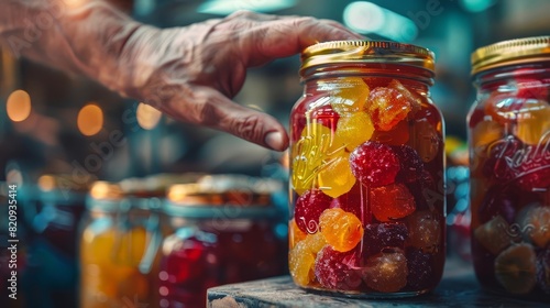A hand reaching into a jar filled with mixed fruit jellies, photo