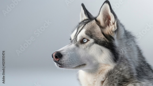 Close-up portrait view of Siberian Husky dog head from side view isolated on white background  © AstraNova