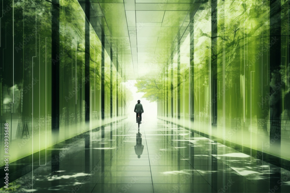 A solitary figure walks through a futuristic green hallway, surrounded by trees and glass reflections, symbolizing innovation and tranquility. A solitary figure walks through a futuristic green hallway, surrounded by trees and glass reflections, symbolizing innovation and tranquility.