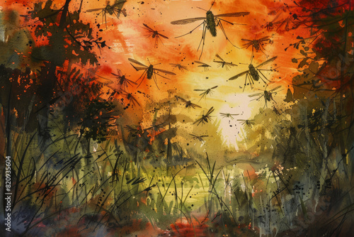 Fierce Mosquito Swarm Assault Scene Rendered in Watercolor