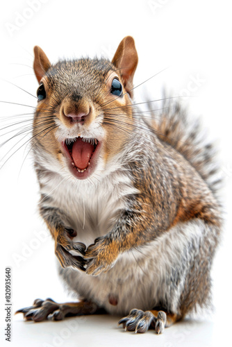 A squirrel with a wide smile, looking joyful, isolated on a white background