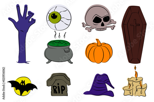 Set of Halloween related objects and creatures. Set of Halloween icons for your design. Flat and line design. Halloween symbols. (ID: 820936062)