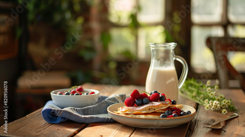 Plate with tasty thin pancakes berries and jug of milk