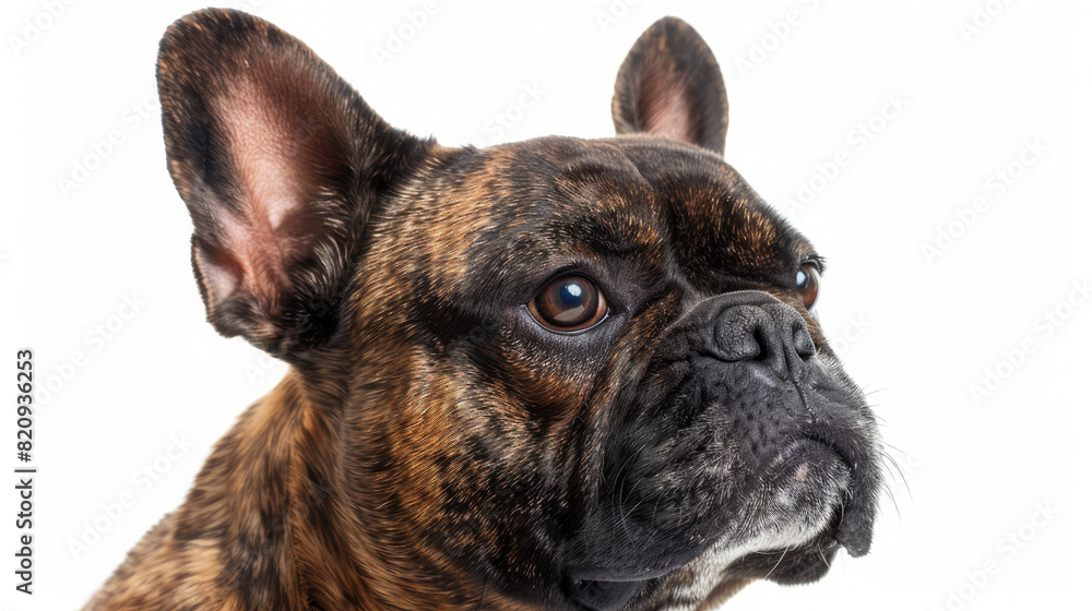 Close-up portrait view of brown French Bulldog dog head from side view isolated on white background Close-up portrait view of brown French Bulldog dog head from side view isolated on white background