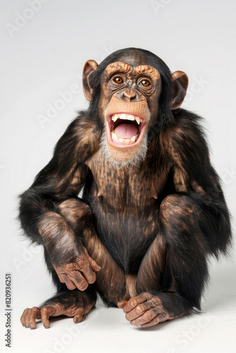 A chimpanzee with a big grin, looking tickled, isolated on a white background © Venka