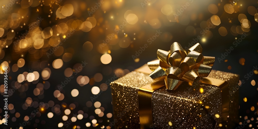 a gold gift box with a bow on it and a blurry background a gold gift box with a bow on it and a blurry background