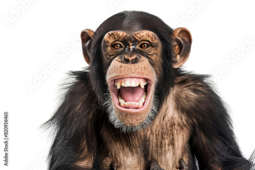 A chimpanzee with a big grin, looking tickled, isolated on a white background © Veniamin Kraskov