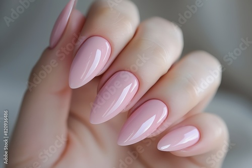 a woman s hand with a pink manicure on nails and a white background