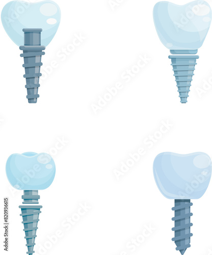 Dental implant icons set cartoon vector. Various type of tooth implant. Teeth prosthetics