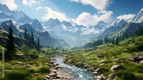 Panoramic view of the mountain river in the mountains. Beautiful summer landscape © Iman