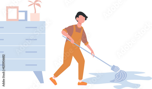 A boy is cleaning the floor with a mop.