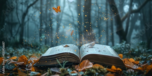 a book with a butterfly flying out of it in the woods with leaves on the ground