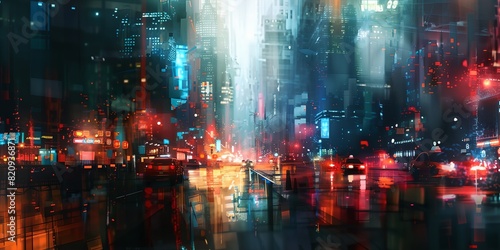 a cityscape with a lot of lights and buildings in the background at night time © inspiretta