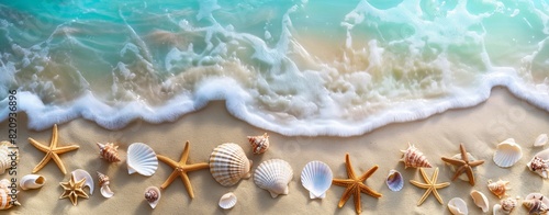 A beach scene with a line of starfish and shells generated by AI