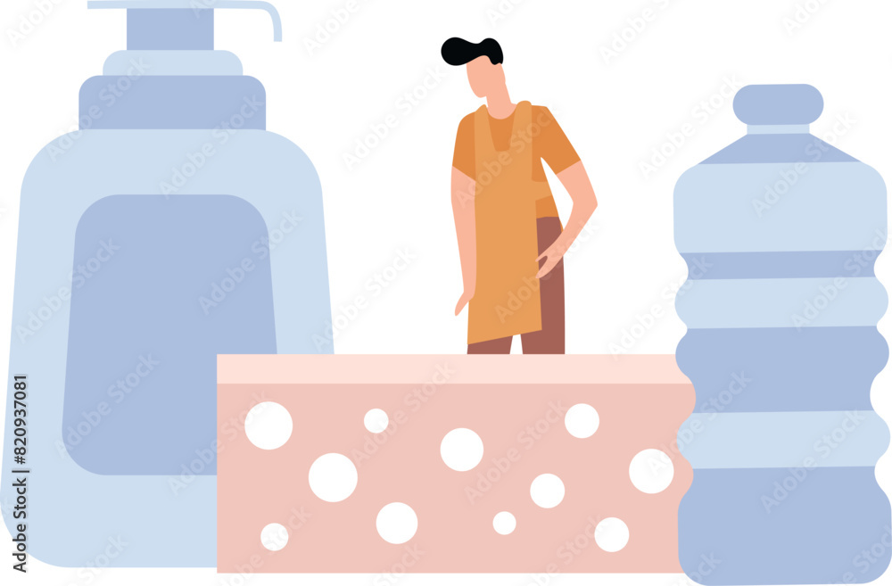 Housekeeper stands with cleaning supplies. Housekeeper stands with cleaning supplies.