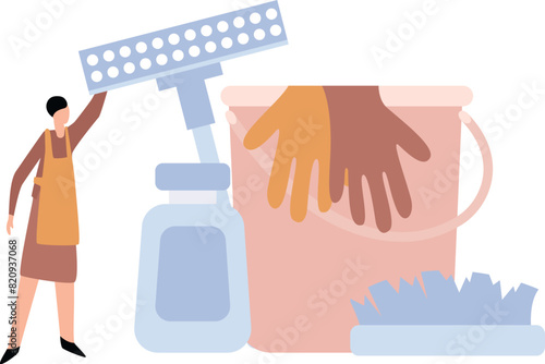 Housekeeper stands with cleaning products.