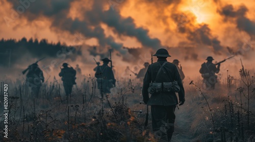 Soldiers in vintage military uniforms participating in a staged battle against a dramatic sunset backdrop