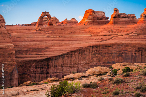 The Delicate Arch which is the most widely recognized landmark in Arches National Park near Moab and is depicted on Utah license plates.