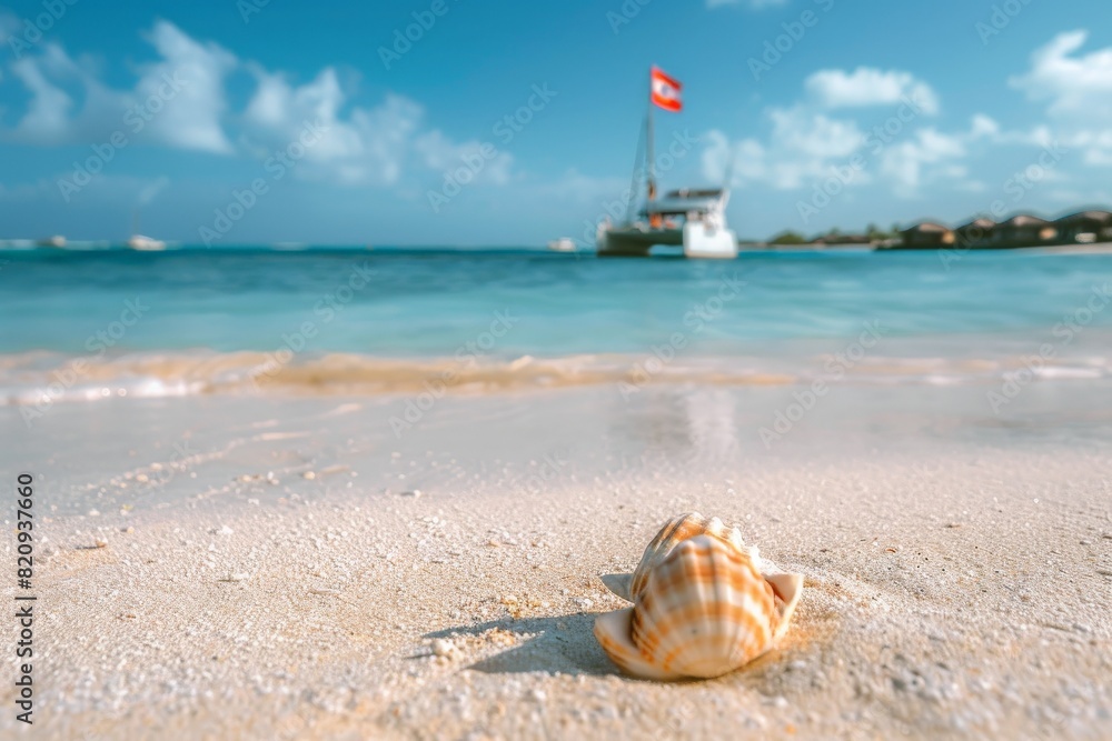 Obraz premium color flip-flops on white beach sand over blue transparent ocean wave background. Beautiful simple AI generated image in 4K, unique.