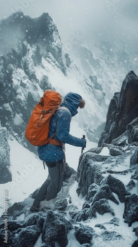 A man in a blue jacket and orange backpack is walking up a snowy mountain generated by AI