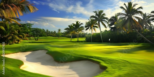 Tropical golf course with palm trees and sand exudes elegance and precision. Concept Tropical Golf Courses, Palm Trees, Sand Traps, Elegance, Precision