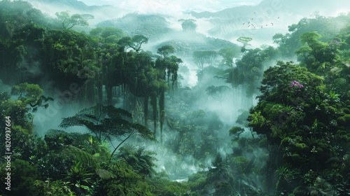 Aerial perspective of a mist-covered rainforest with lush green trees and mountainous background