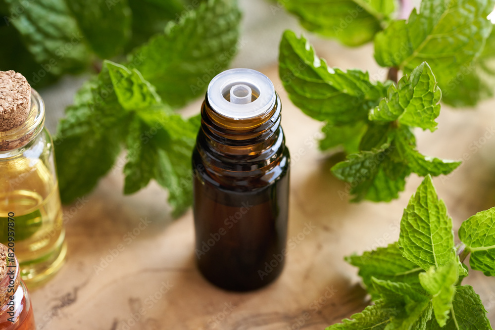 A brown bottle of aromatherapy essential oil with fresh peppermint leaves A brown bottle of aromatherapy essential oil with fresh peppermint leaves
