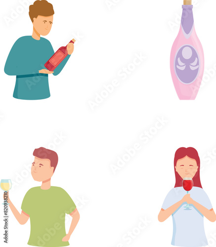 Wine tasting icons set cartoon vector. Professional expert doing wine tasting. Look, aroma, taste appreciation