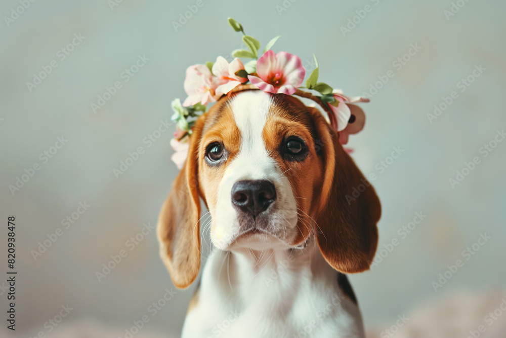 Beagle puppy wearing a flower crown, captured with a soft focus and pastel tones for a dreamy effect.