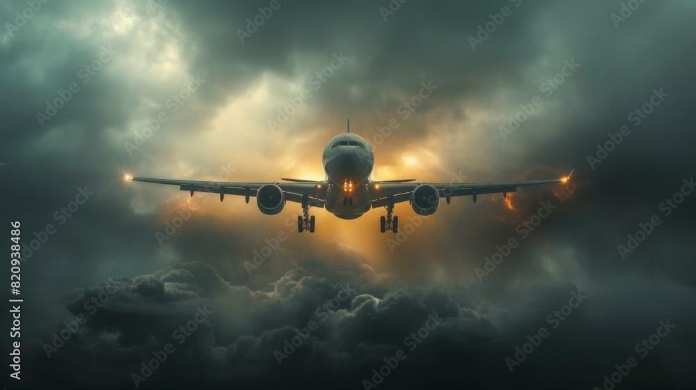 An airplane flying through dark storm clouds with lightning strikes An airplane flying through dark storm clouds with lightning strikes