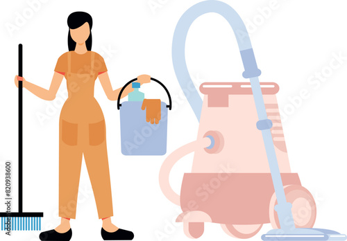 The girl is carrying a bucket and a brush.