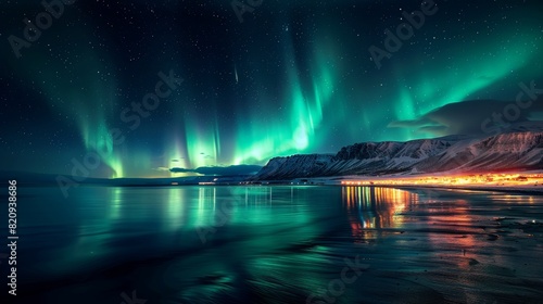 A spectacular display of aurora borealis illuminates the starry sky above a snow-covered beach and quaint town