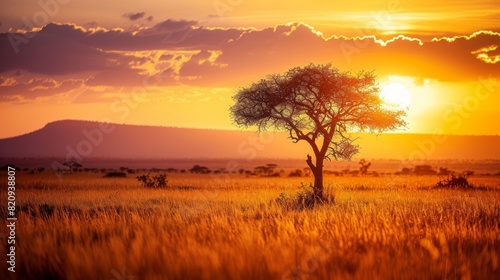 The image captures the serene beauty of a sunset in the savannah  highlighting the iconic acacia tree against the vibrant colors