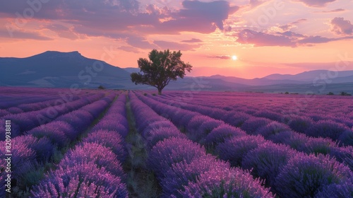 This peaceful scene shows a lavender field at sunset with a single tree standing guard as the day ends