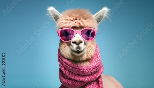 alpaca wearing pink glasses and wrapped in a scarf vibrant blue color background