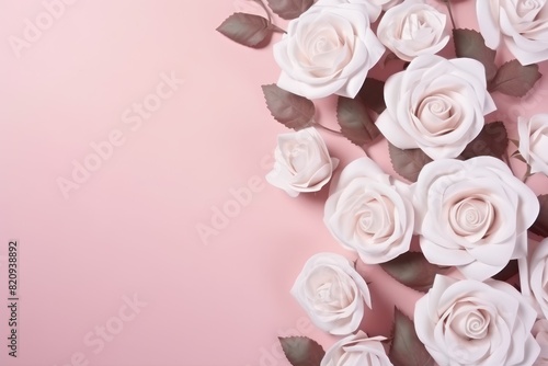 white roses and white green leaves on pink background with top view  in the style of pink and brown  asymmetrical composition  subtle  minimalistic compositions 