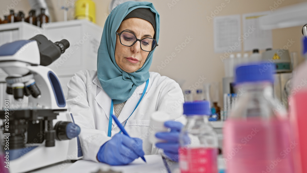 Middle-aged woman in hijab engaged in scientific research at laboratory Middle-aged woman in hijab engaged in scientific research at laboratory