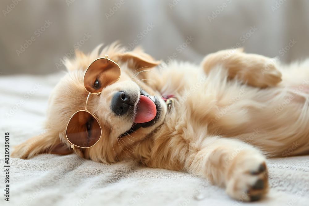 Cute puppy wearing sunglasses, lying on a bed with tongue out, adorable and playful puppy photo.
