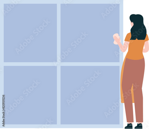 The girl is cleaning the window.