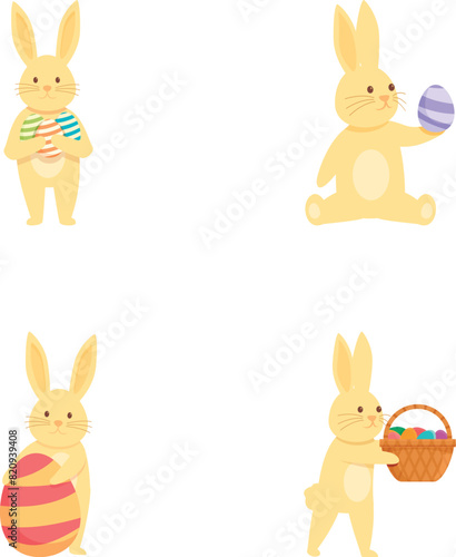 Happy easter icons set cartoon vector. Cute rabbit and easter egg. Spring religious holiday