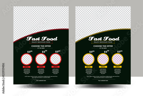 Fast Food Flyer Design Template cooking, cafe and restaurant menu, food ordering, junk food. Pizza, Burger, French fries and Soda. Vector illustration for banner, poster, flyer, cover, menu, brochure.