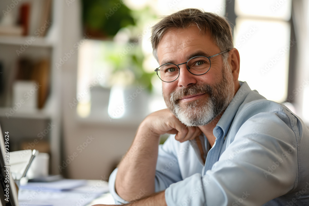 Naklejka premium Smiling man with glasses and beard, happy and relaxed in a cozy environment with natural light.