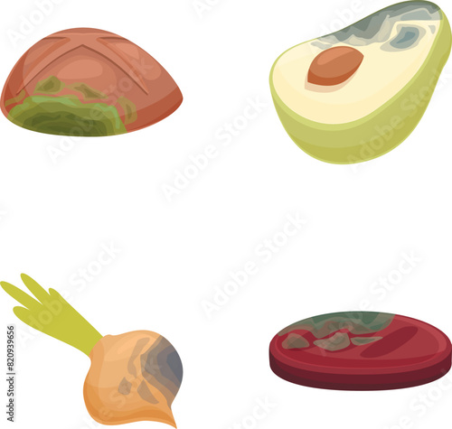 Rotten food icons set cartoon vector. Various spoiled and damaged product. Organic food waste