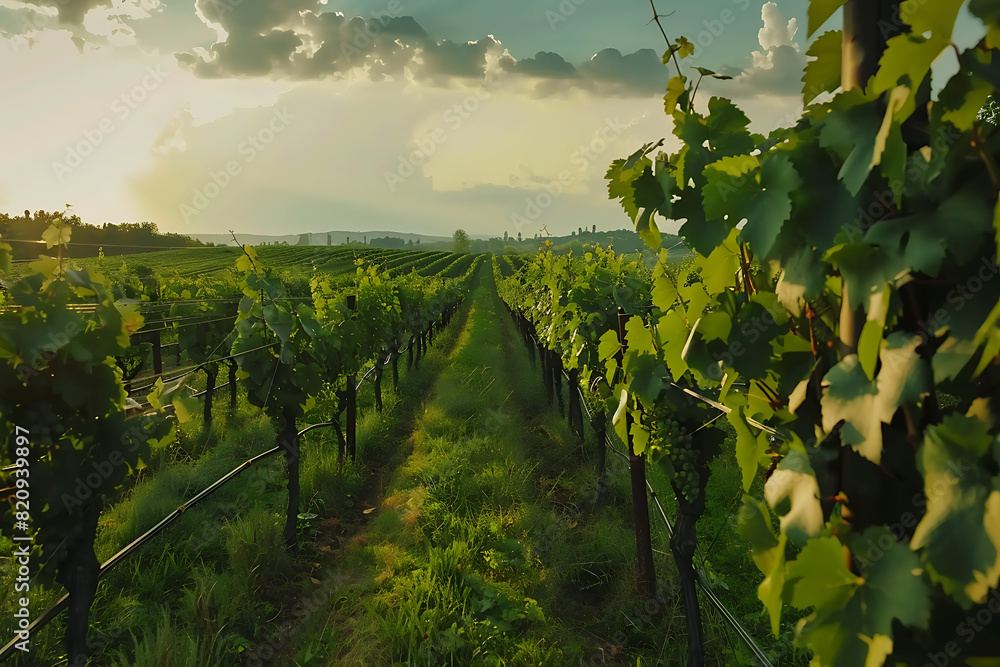 Fototapeta premium Expansive vineyards filled with ripe grapes, showcasing the beauty and abundance of large plantations.