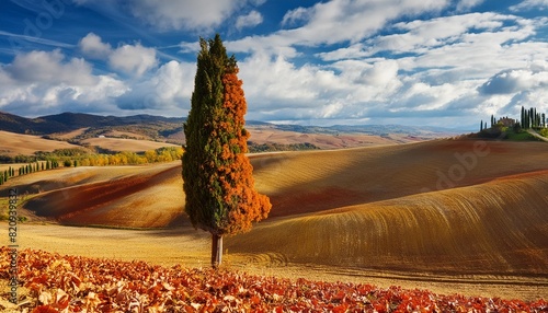 cypress tree on autumnal landscape of val d orcia photo