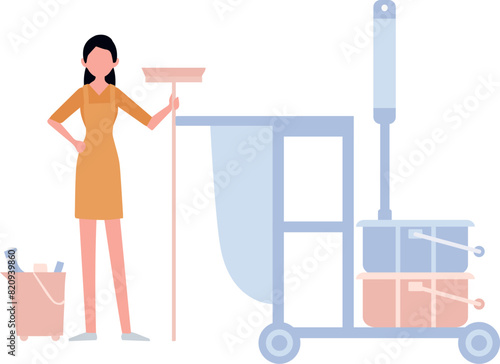 The girl is standing holding a broom.