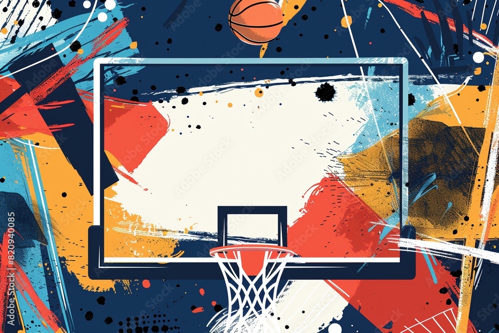 basketball hoop on a court in a flat style. Expressive brush strokes ...