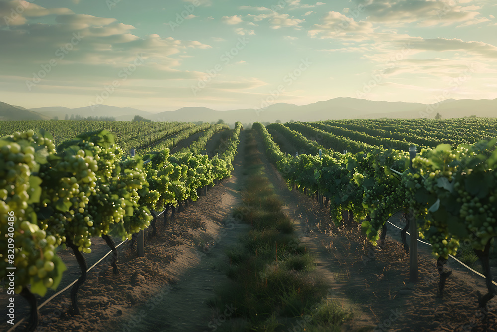 Naklejka premium Expansive vineyards filled with ripe grapes, showcasing the beauty and abundance of large plantations.